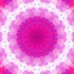 Magic mandala. Sacred geometry. Symmetric ornate. Abstract pink, white and purple color watercolor painting background. Artistic acrylic texture. Art pattern for graphic design and print production. 