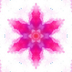 Isolated on white fantasy symmetric flower. Abstract pink and purple color watercolor painting background. Artistic acrylic texture. Art pattern for graphic design and print production. 
