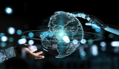 White robot hand using globe network hologram with America Usa map 3D rendering