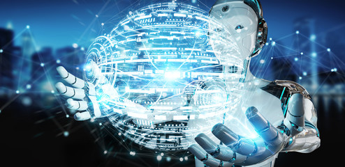 White woman robot using digital globe hud interface 3D rendering