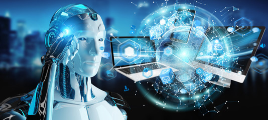 White cyborg connecting devices together 3D rendering