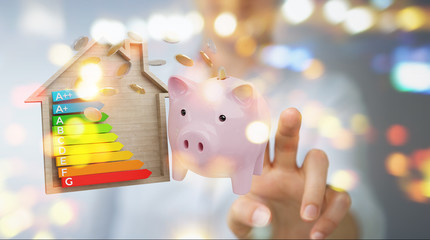 Businesswoman saving money with good energy chart rating 3D rendering