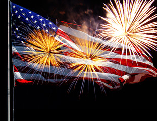 American flag, fireworks, and celebration at the fourth of july. 