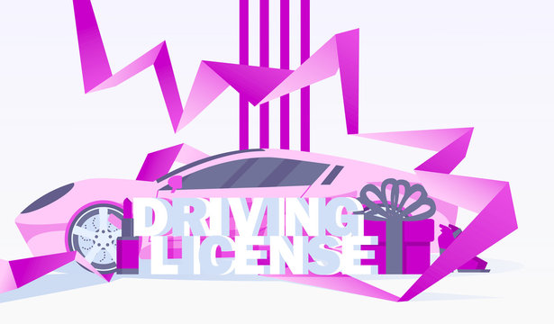 Horizontal design foe flyer or banner with pink sport car, female goods and accessories and lettering 3d word driving licence