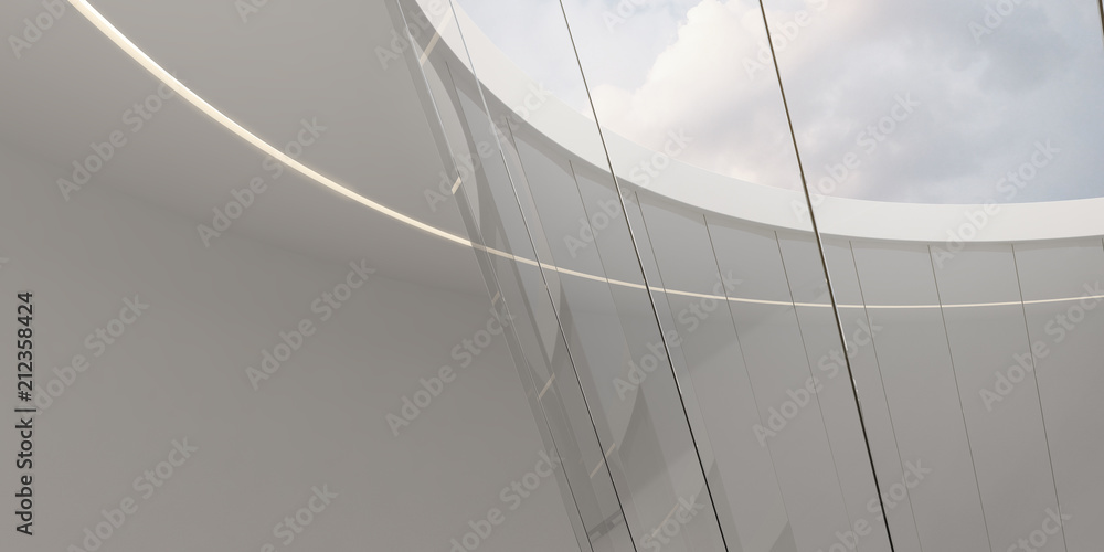 Poster 3D stimulate of circle concrete and glass building with sunlight cast the shadow on the wall and floor,Perspective of minimal design architecture,modern architectural design,3d rendering	