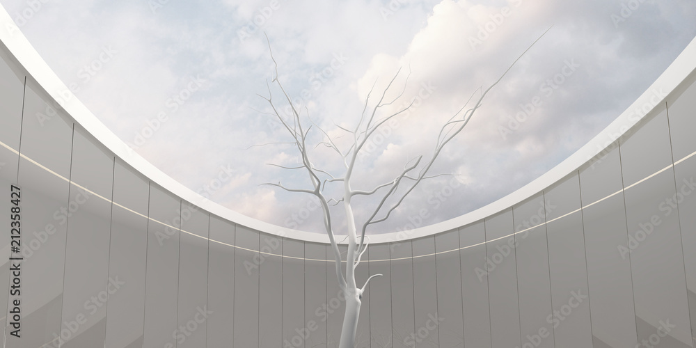 Poster 3D stimulate of circle concrete and glass building and white tree with sunlight cast the shadow on the wall and floor,Perspective of minimal design architecture,3d rendering	