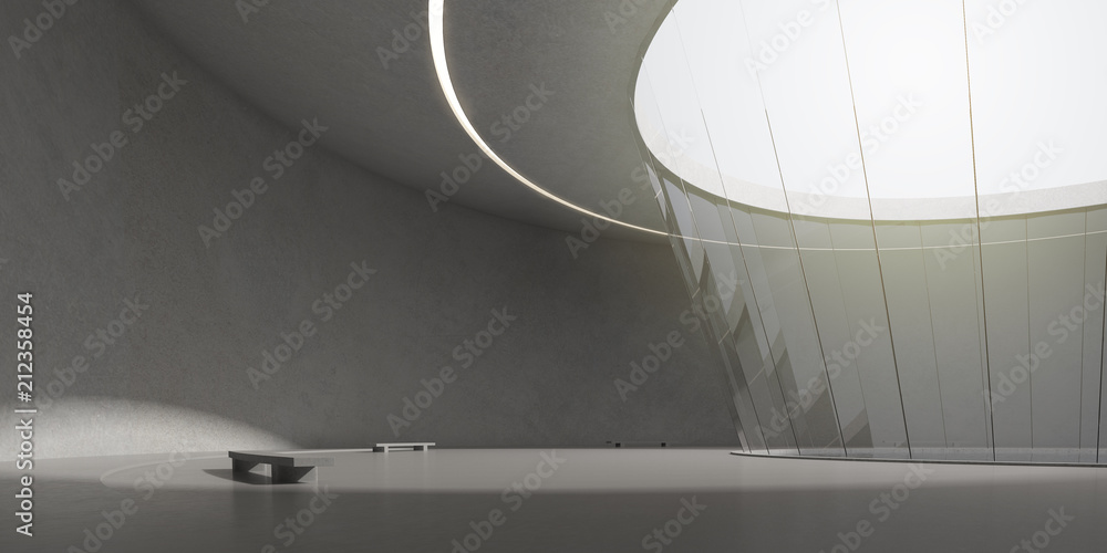 Leinwandbilder 3d stimulate of circle concrete and glass building with sunlight cast the shadow on the wall and flo