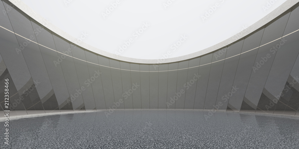 Poster 3D stimulate of circle concrete and glass building with sunlight cast the shadow on the wall and floor,Perspective of minimal design architecture,modern architectural design,3d rendering	