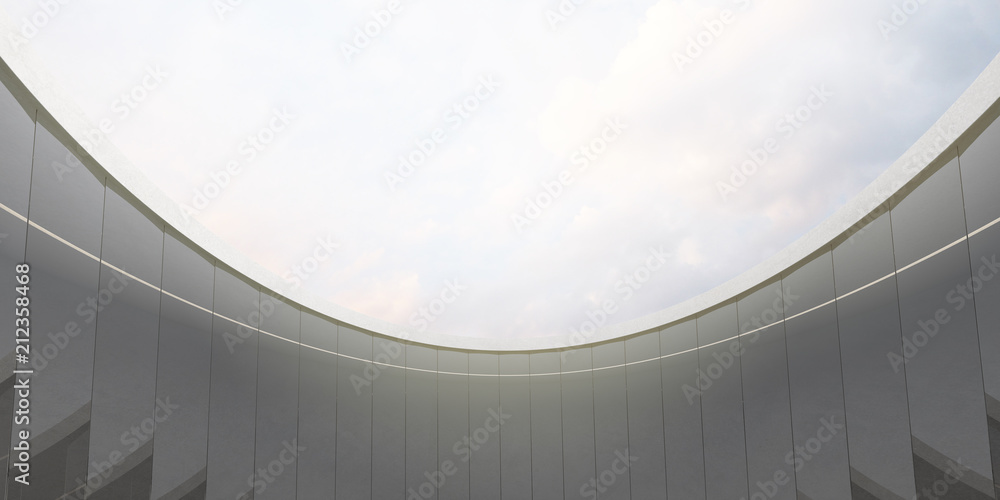 Aufkleber 3D stimulate of circle concrete and glass building with sunlight cast the shadow on the wall and floor,Perspective of minimal design architecture,modern architectural design,3d rendering	
