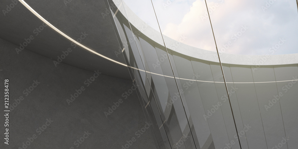 Poster 3D stimulate of circle concrete and glass building with sunlight cast the shadow on the wall and floor,Perspective of minimal design architecture,modern architectural design,3d rendering	