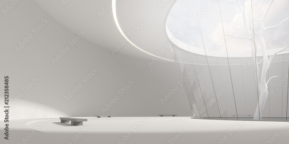 Poster 3d stimulate of circle concrete and glass building and white tree with sunlight cast the shadow on t
