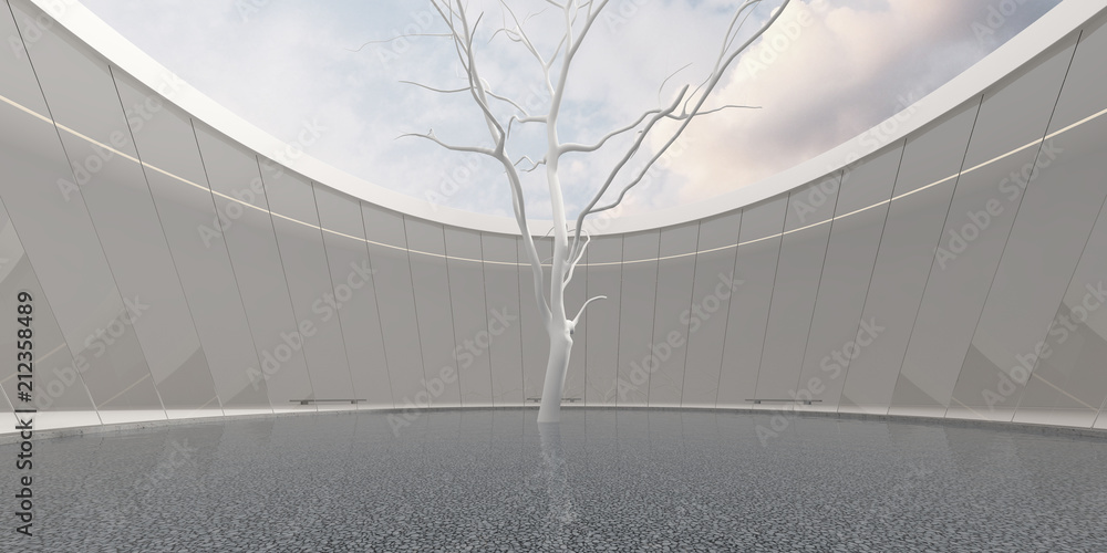 Poster 3D stimulate of circle concrete and glass building and white tree with sunlight cast the shadow on the wall and floor,Perspective of minimal design architecture,3d rendering	