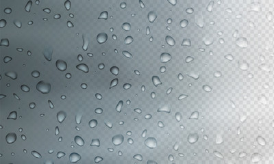 Stock vector illustration rain realistic water droplets on the glass Isolated on a transparent checkered background. EPS10