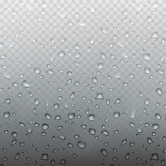 Stock vector illustration rain realistic water droplets on the glass Isolated on a transparent checkered background EPS10