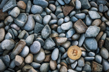 Cryptocurrency on the shore among the big sea stones