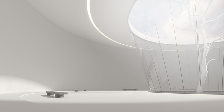 3D stimulate of circle concrete and glass building and white tree with sunlight cast the shadow on the wall and floor,Perspective of minimal design architecture,3d rendering	