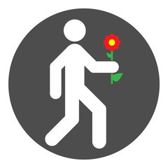 Silhouette of walking man with red flower in his hand. Vector.