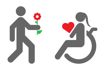 Silhouette of man with flower in his hand and silhouette of disabled woman in wheelchair who is holding red heart. Concept of International Day of Persons with Disabilities. Vector.