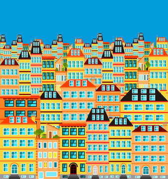 Set of old European-style buildings forming a city