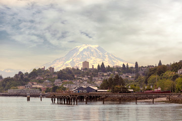Mount Rainier over City of Tacoma Washington