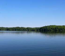 The calm waters of the lake on a sunny summer day.