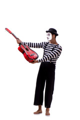 Mime playing guitar isolated on white