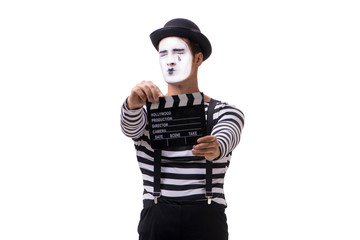 Mime with movie clapperboard isolated on white