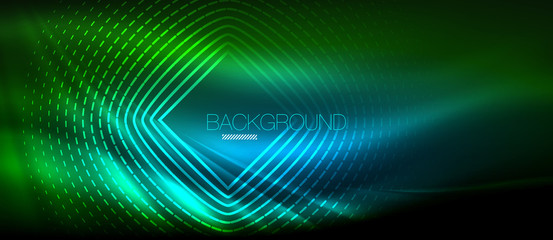 Neon glowing wave, magic energy and light motion background. Wallpaper template, hi-tech future concept