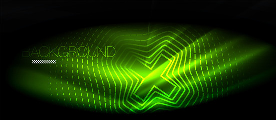 Neon glowing wave, magic energy and light motion background. Wallpaper template, hi-tech future concept