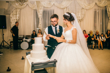 Newlyweds cut their wedding cake on restaurant. Blured bokeh effect. Happy and tasty wedding moments