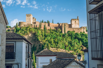 Photograph of the Alhambra made in the Paseo de Los Tristes, Granada, Spain.