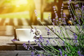 Cup of tea served on natural wood table in the provence style garden terrace surrounded by lavender