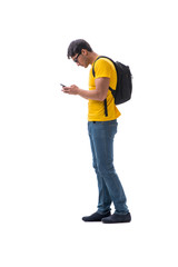 Young student with backpack isolated on white 