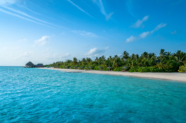 The perfect beach. Luxury escape. Tropical paradise. Honeymoon at Maldives. Palms and white sund. Blue ocean	