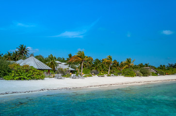 The perfect beach. Beach bungalow. Luxury escape. Tropical paradise. Honeymoon at Maldives. Palms and white sund. Blue ocean. Maldives beautiful beach background white sandy tropical paradise island 	