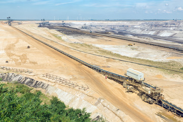 Brown coal open pit landscape with enormous digging excavators in Garzweiler mine Germany