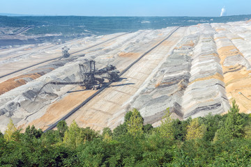 Wide open pit landscape with enormous digging excavator in Hambach mine Germany