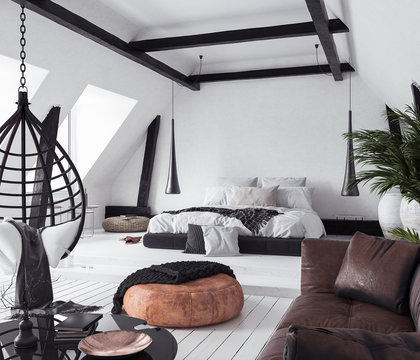 Modern open-plan apartment in attic, loft style, 3d render