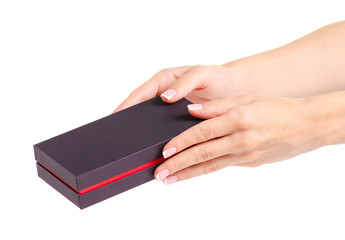 Black box in hand on white background isolation