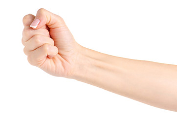Female hand holding a fist on a white background isolation