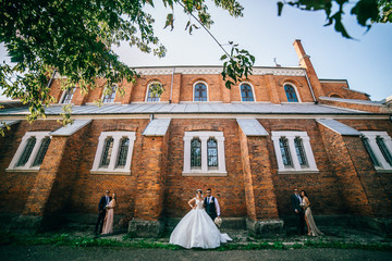 Happy fun newlyweds posing in street with bridesmaids and groomsmen. Bride and groom with friends...