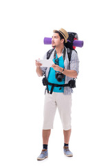 Man lost and looking for direction with map on white