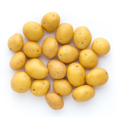 Young potato isolated on white background. Harvest new. Flat lay, top view