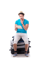 Traveler with much luggage isolated on white background