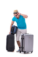 Traveler with much luggage isolated on white background