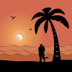 Loving couple on the seashore, paper art style