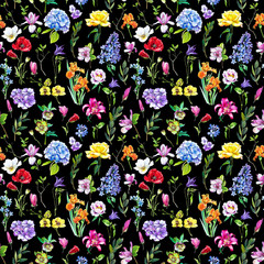 Multi-floral seamless pattern with different flowers. Bright and colorful illustration of a hydrangea, lilac, rose, orchid and other flowers on a black background.