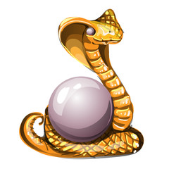 Fototapeta premium Statuette in the form of a golden cobra guarding the pearl, isolated on white background. Vector cartoon close-up illustration.