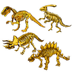 Fototapeta na wymiar Set of dinosaur skeletons made of gold. Souvenirs in the form of remains of prehistoric animals isolated on a white background. Vector illustration.