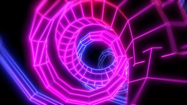 Neon low poly grid tunnel animation. Seamless retro futuristic background.